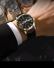 Luxury Men’s Quartz Watch Gold & Black Dial Brown Leather Strap Date Display