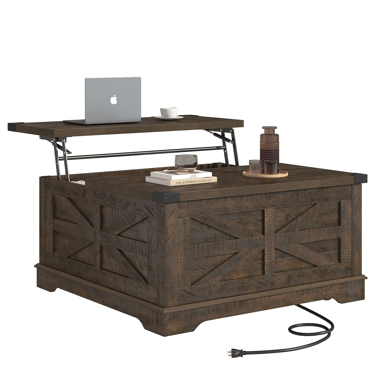ANPOO 36” Square Lift Top Coffee Table with Power Outlets & Movable Wheels, Farmhouse Coffee Table w/Large Hidden Storage, Multi-Function Lift Wood Center Table for Home, Office,Rustic White