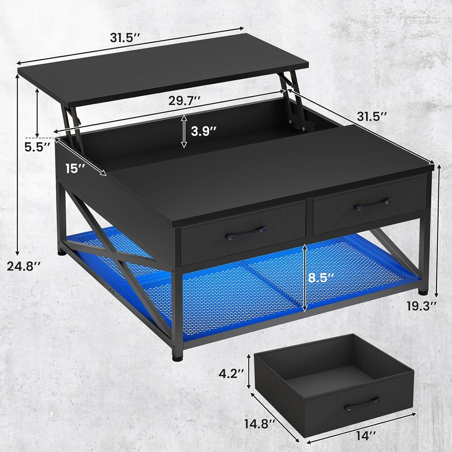 31.5" Lift Top Coffee Table, Square Coffee Table with Ample Storage, Center Table with 2 Fabric Drawers & Large Shelf for Living Room, Black