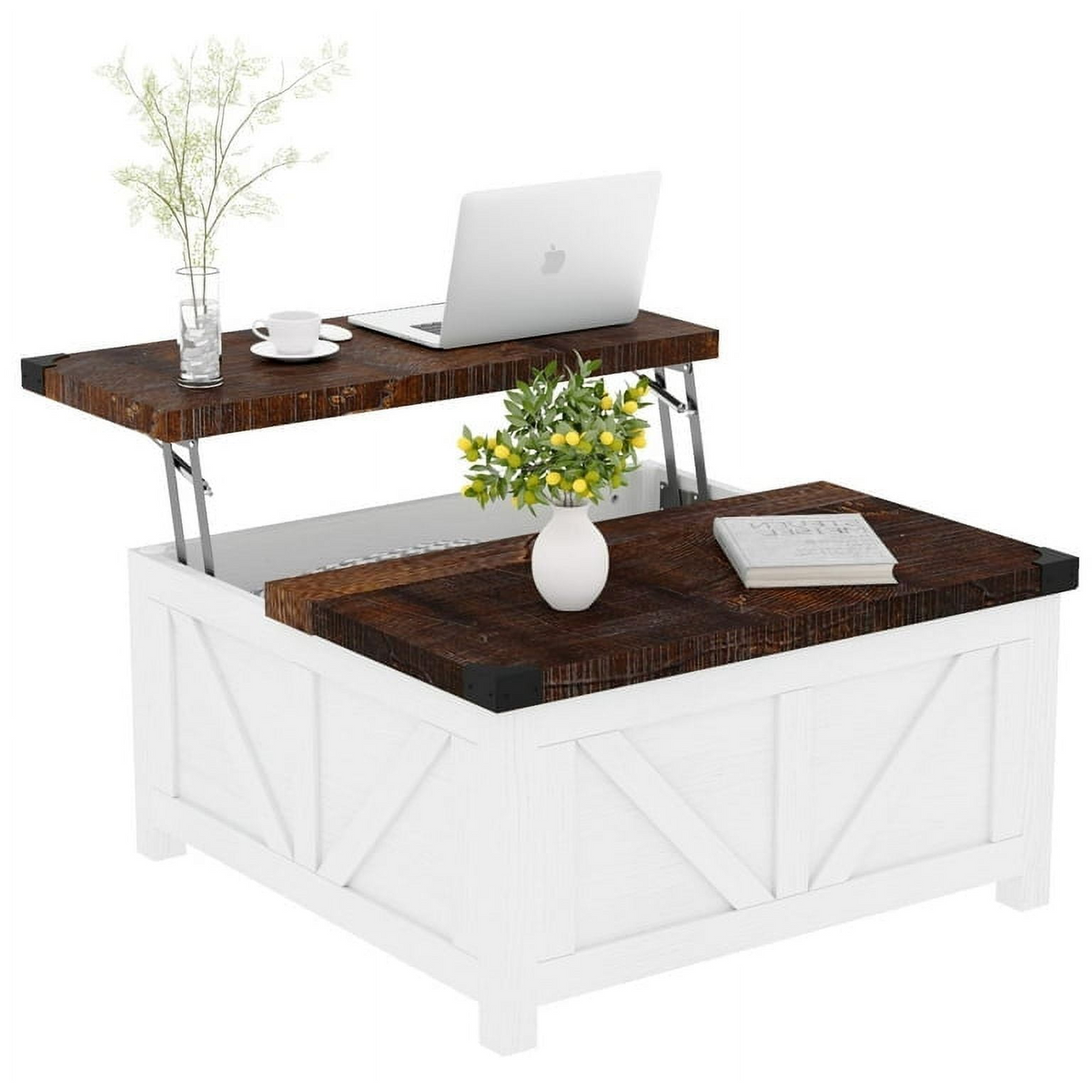 ChVans 35.6" Square Lift Top Coffee Table, Farmhouse Coffee Table with Storage & Charging Ports, Wood Center Table w/Large Hidden Space for Living Room Home Office