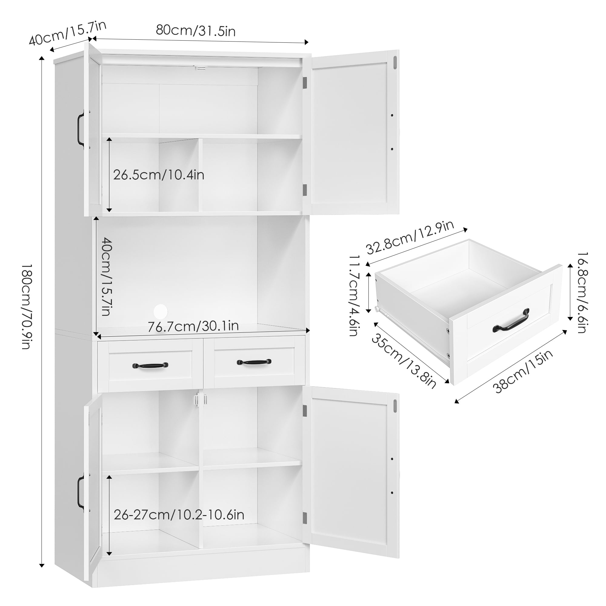 Homfa 71" Farmhouse Kitchen Pantry Storage Cabinets with 2 Drawers and Adjustable Shelves, Wood Tall Hutch Storage Cabinet for Dining Room, White