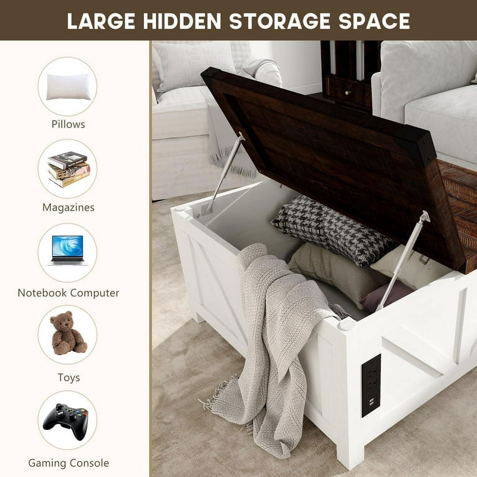 ChVans 35.6" Square Lift Top Coffee Table, Farmhouse Coffee Table with Storage & Charging Ports, Wood Center Table w/Large Hidden Space for Living Room Home Office