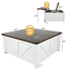ChVans 35.6" Square Lift Top Coffee Table, Farmhouse Coffee Table with Storage & Charging Ports, Wood Center Table w/Large Hidden Space for Living Room Home Office