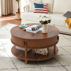 Wirrytor 31 inch Walnut Round Coffee Table for Living Room with Hiddern Storage, Farmhouse Circle Coffee Table with 2-Tier Open Storage Shelf, Modern Center Table
