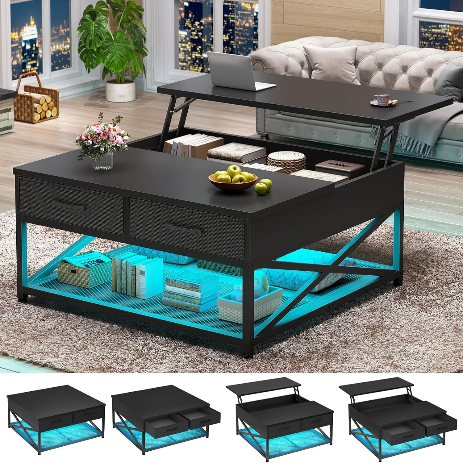 31.5" Lift Top Coffee Table, Square Coffee Table with Ample Storage, Center Table with 2 Fabric Drawers & Large Shelf for Living Room, Black