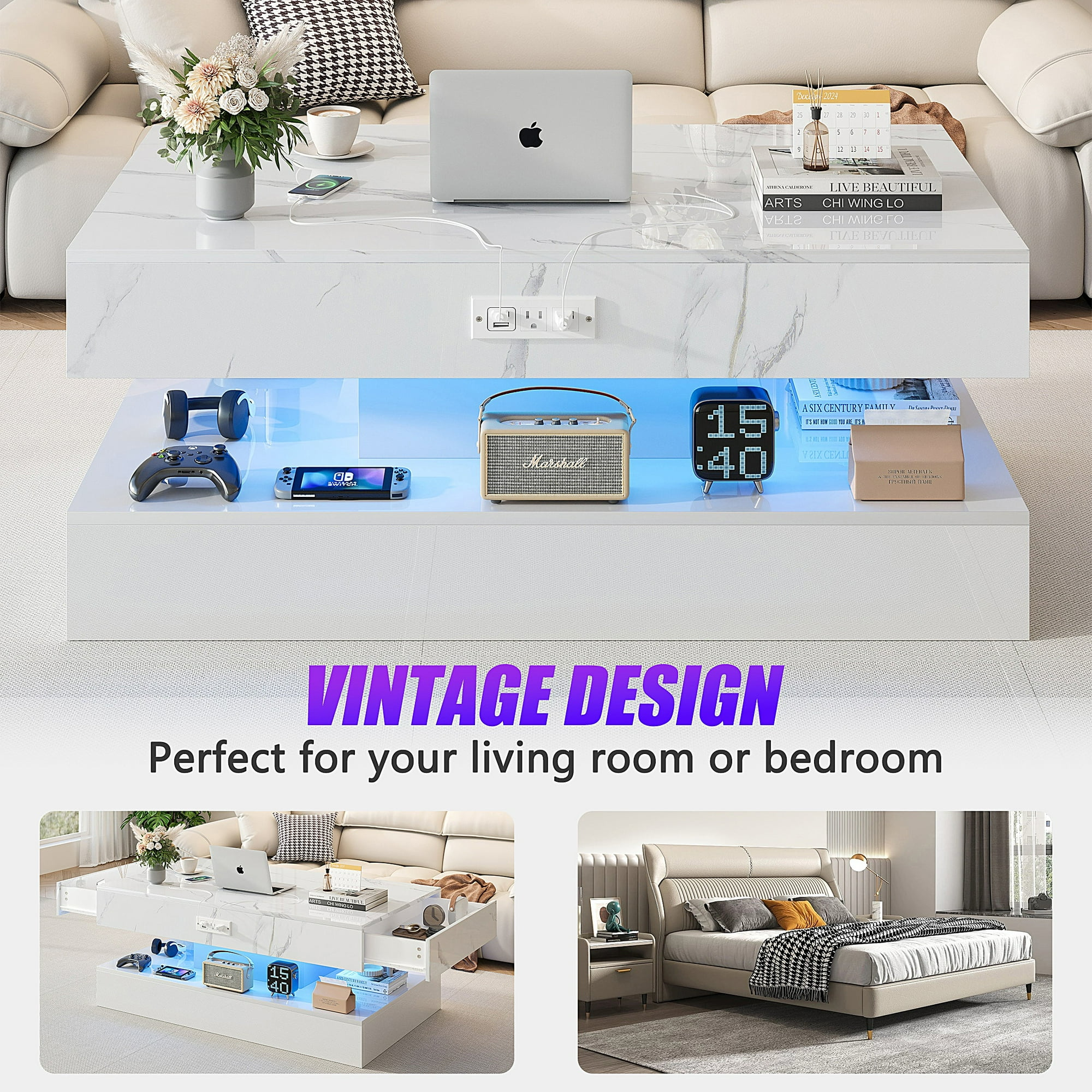 PAPROOS LED White Coffee Table with 2 Storage Drawers, 47" Modern High Glossy Coffee Tables with Open Display Shelf, 2 Tiers Rectangle Large Modern Center Table with Marbling Print for Living Room