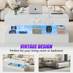 PAPROOS LED White Coffee Table with 2 Storage Drawers, 47" Modern High Glossy Coffee Tables with Open Display Shelf, 2 Tiers Rectangle Large Modern Center Table with Marbling Print for Living Room