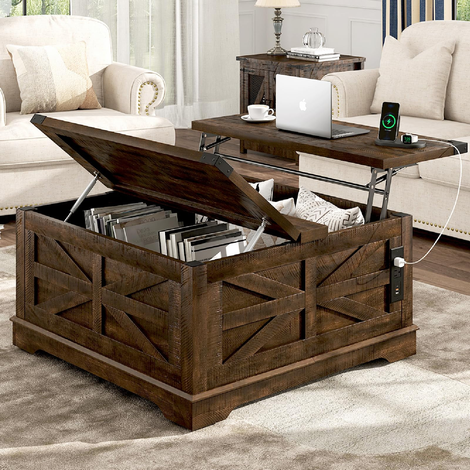 ANPOO 36” Square Lift Top Coffee Table with Power Outlets & Movable Wheels, Farmhouse Coffee Table w/Large Hidden Storage, Multi-Function Lift Wood Center Table for Home, Office,Rustic White