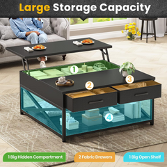 31.5" Lift Top Coffee Table, Square Coffee Table with Ample Storage, Center Table with 2 Fabric Drawers & Large Shelf for Living Room, Black