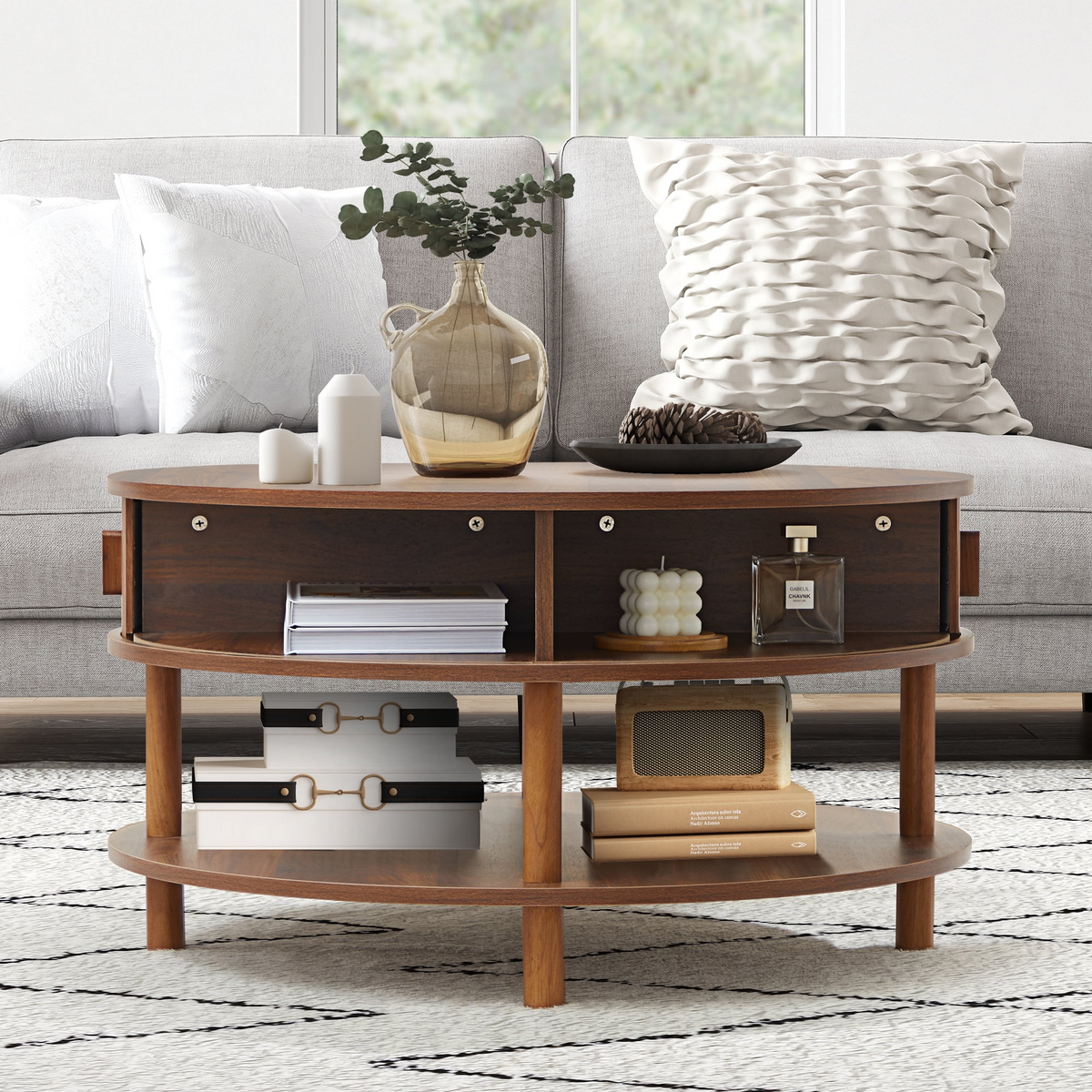 Wirrytor 31 inch Walnut Round Coffee Table for Living Room with Hiddern Storage, Farmhouse Circle Coffee Table with 2-Tier Open Storage Shelf, Modern Center Table