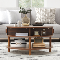 Wirrytor 31 inch Walnut Round Coffee Table for Living Room with Hiddern Storage, Farmhouse Circle Coffee Table with 2-Tier Open Storage Shelf, Modern Center Table