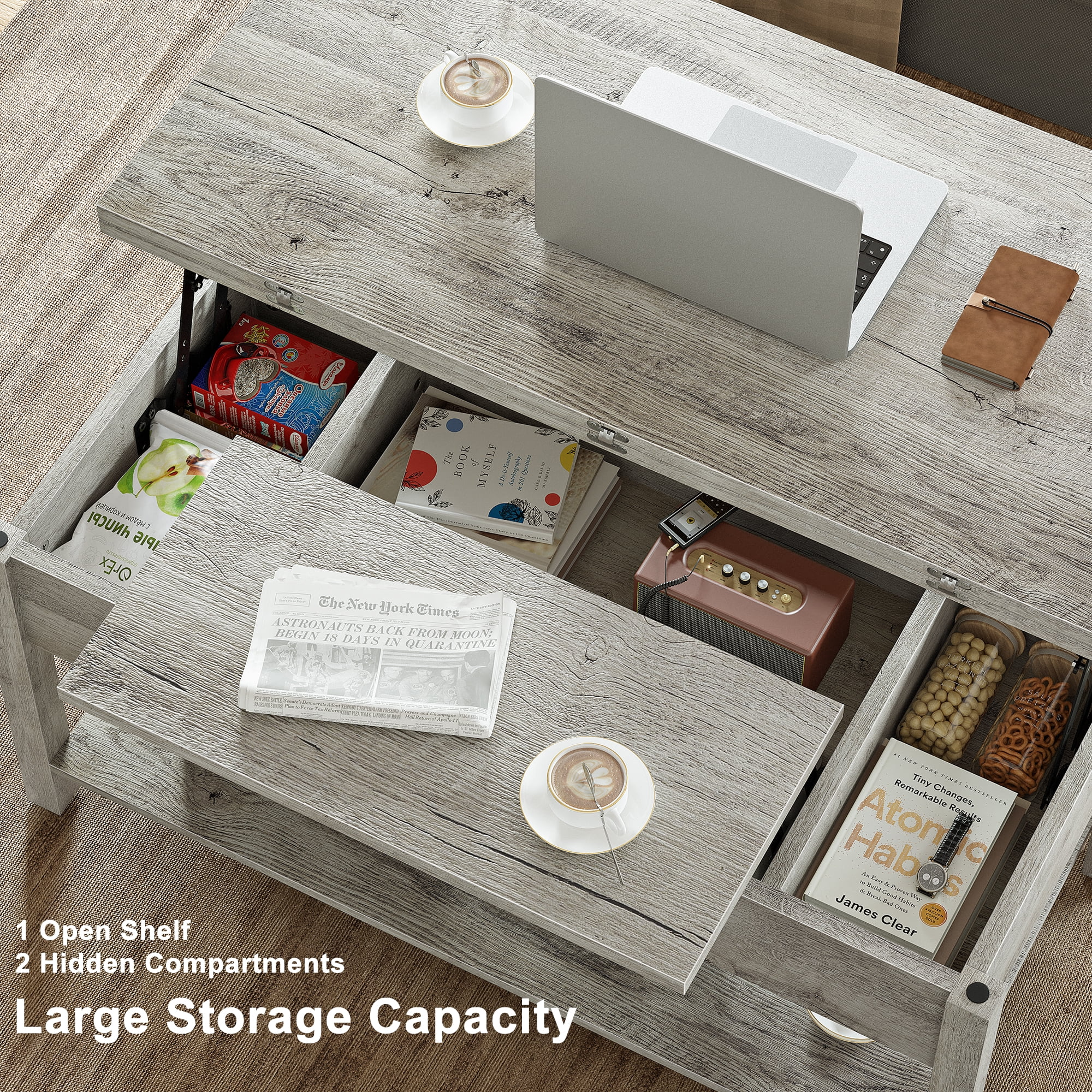 GUNAITO 41.73"Lift Top Coffee Table, 4 in 1 Multi-Function Convertible Coffee Table with Storage, Modern Coffee Table Converts to Dining Table for Living Room, Grey
