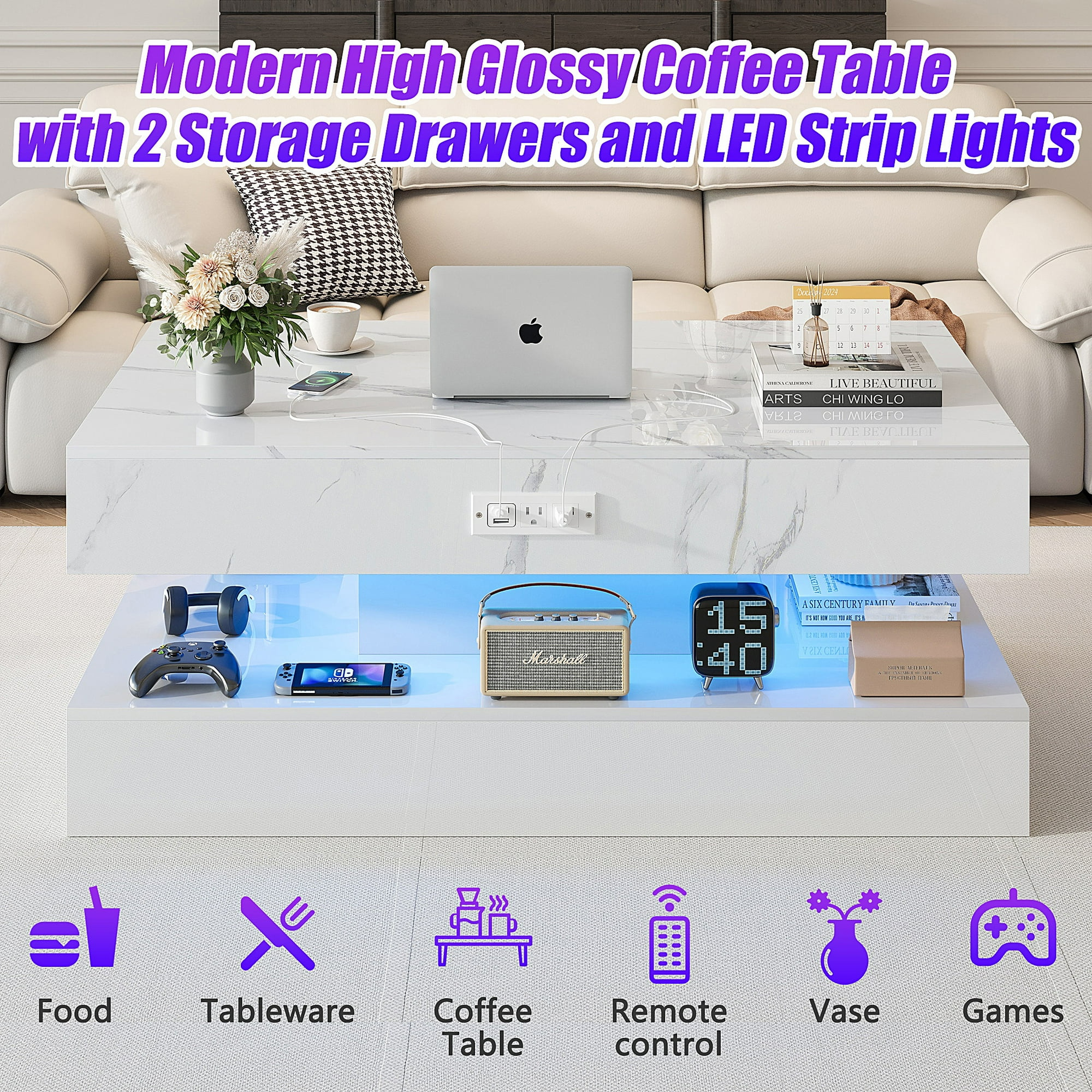 PAPROOS LED White Coffee Table with 2 Storage Drawers, 47" Modern High Glossy Coffee Tables with Open Display Shelf, 2 Tiers Rectangle Large Modern Center Table with Marbling Print for Living Room