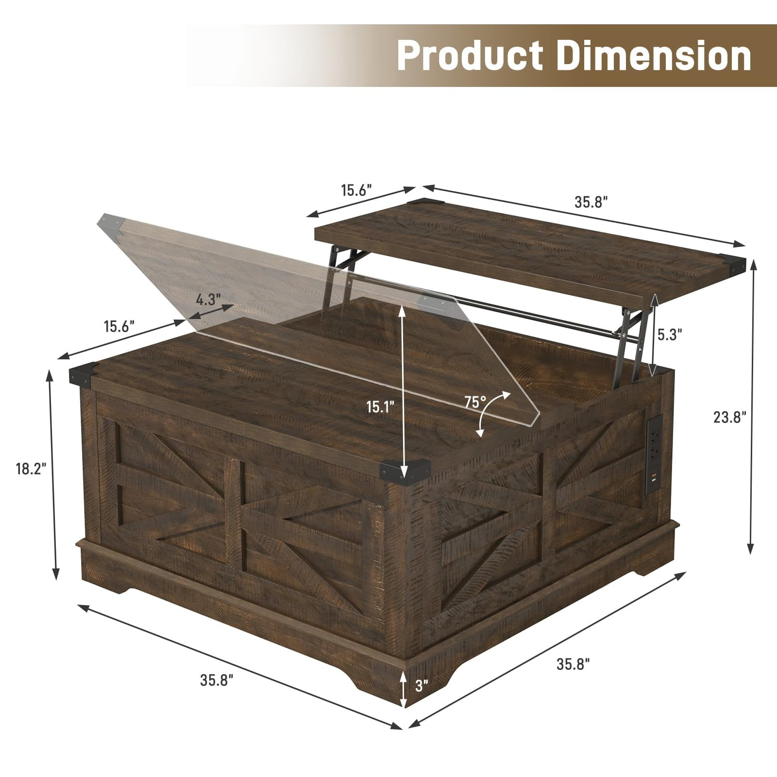 ANPOO 36” Square Lift Top Coffee Table with Power Outlets & Movable Wheels, Farmhouse Coffee Table w/Large Hidden Storage, Multi-Function Lift Wood Center Table for Home, Office,Rustic White