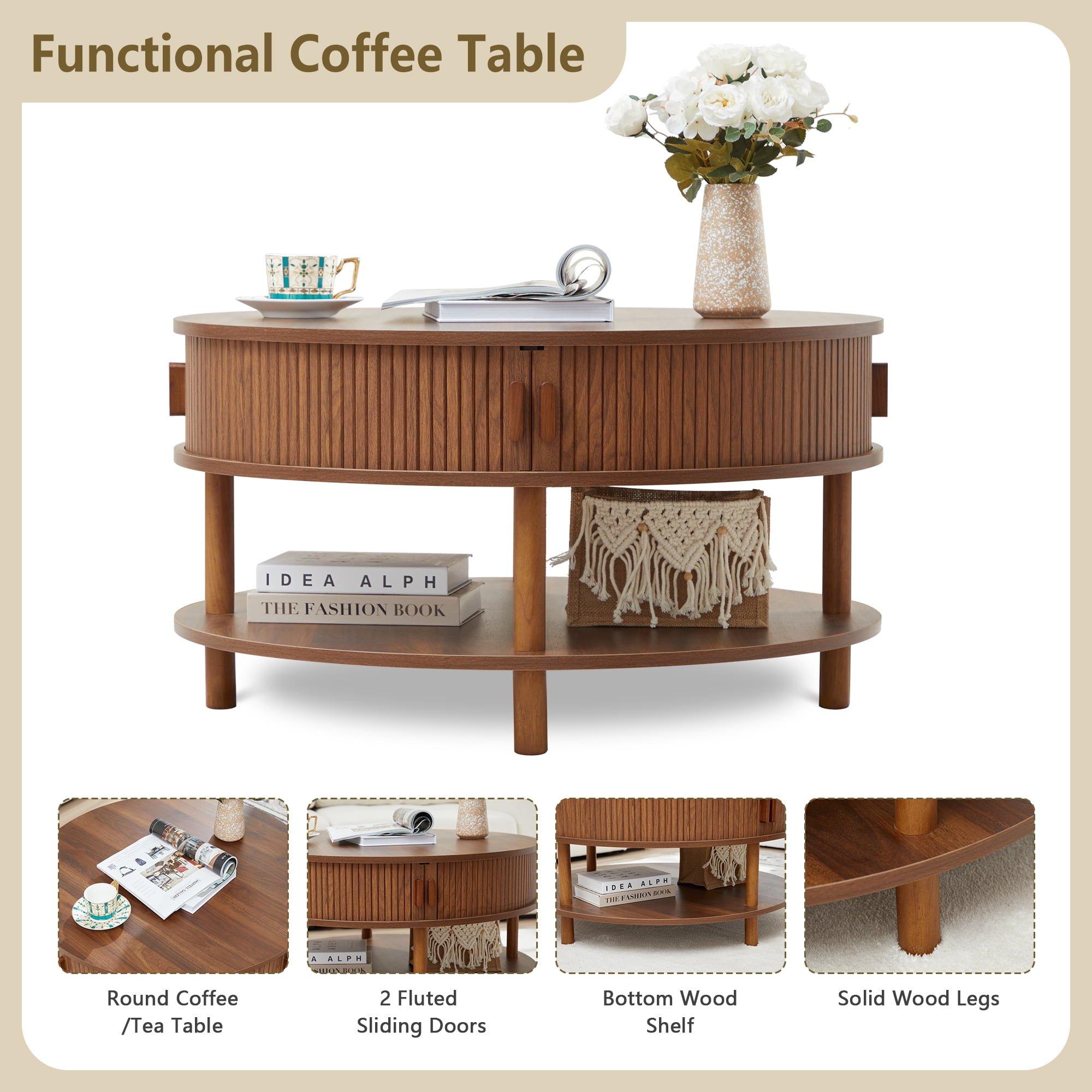 Wirrytor 31 inch Walnut Round Coffee Table for Living Room with Hiddern Storage, Farmhouse Circle Coffee Table with 2-Tier Open Storage Shelf, Modern Center Table