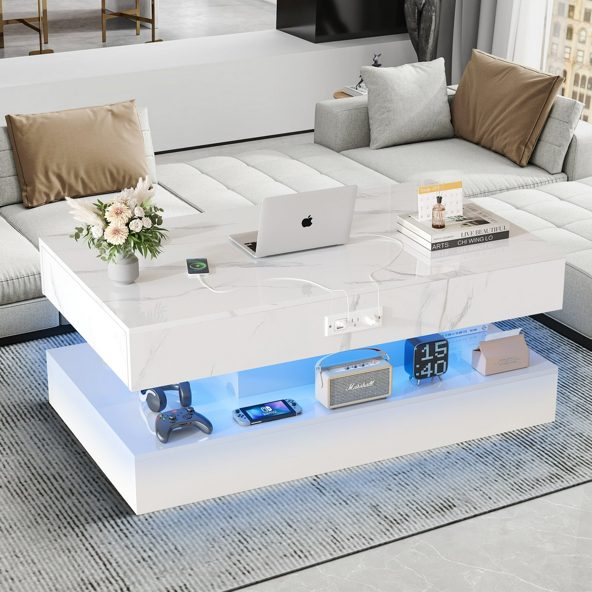 PAPROOS LED White Coffee Table with 2 Storage Drawers, 47" Modern High Glossy Coffee Tables with Open Display Shelf, 2 Tiers Rectangle Large Modern Center Table with Marbling Print for Living Room