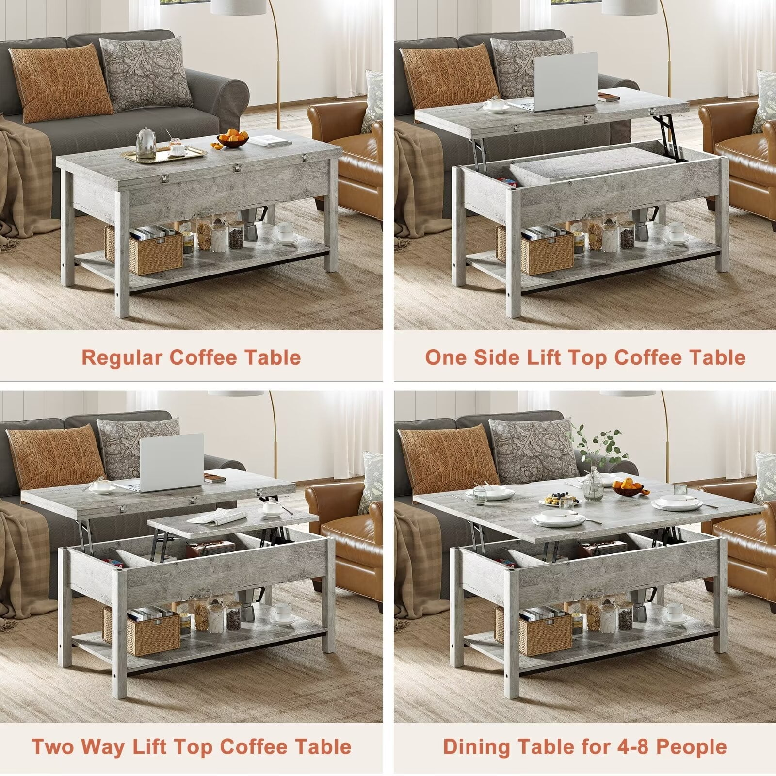 GUNAITO 41.73"Lift Top Coffee Table, 4 in 1 Multi-Function Convertible Coffee Table with Storage, Modern Coffee Table Converts to Dining Table for Living Room, Grey