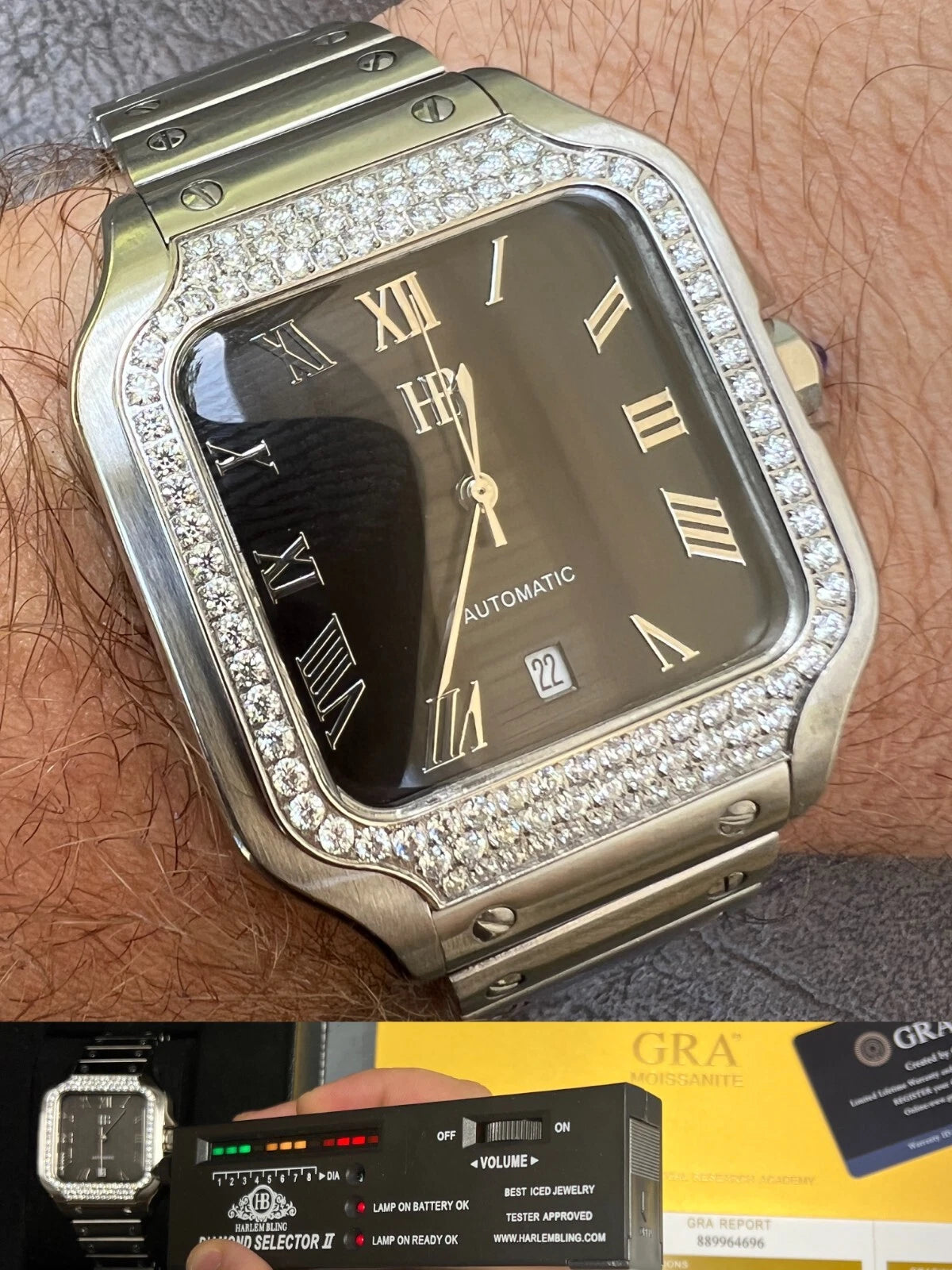 Real Mens 2.5ct MOISSANITE Watch Hip Hop Iced Automatic Movement Black Face