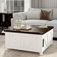 ChVans 35.6" Square Lift Top Coffee Table, Farmhouse Coffee Table with Storage & Charging Ports, Wood Center Table w/Large Hidden Space for Living Room Home Office