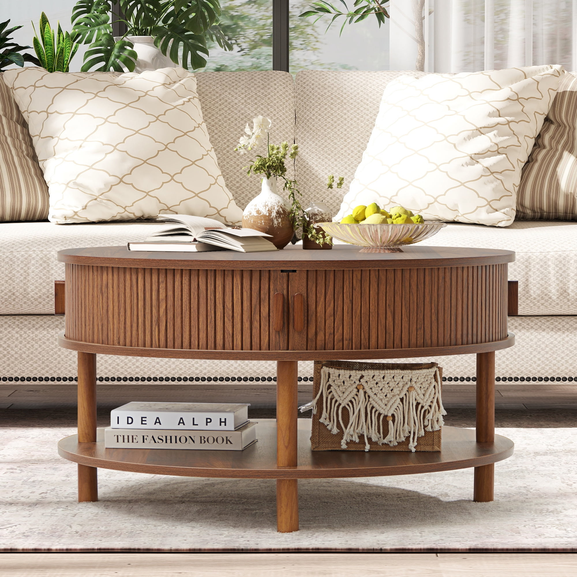 Wirrytor 31 inch Walnut Round Coffee Table for Living Room with Hiddern Storage, Farmhouse Circle Coffee Table with 2-Tier Open Storage Shelf, Modern Center Table