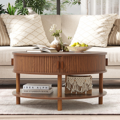 Wirrytor 31 inch Walnut Round Coffee Table for Living Room with Hiddern Storage, Farmhouse Circle Coffee Table with 2-Tier Open Storage Shelf, Modern Center Table