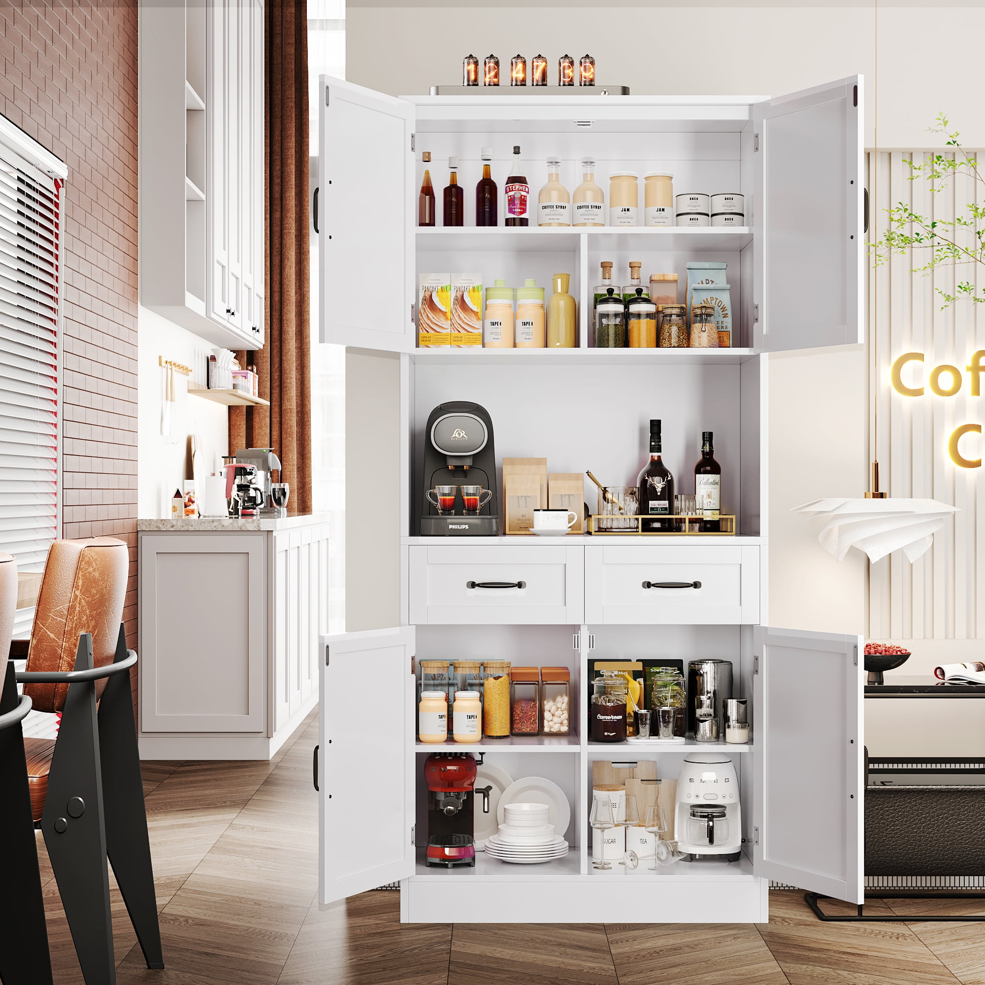 Homfa 71" Farmhouse Kitchen Pantry Storage Cabinets with 2 Drawers and Adjustable Shelves, Wood Tall Hutch Storage Cabinet for Dining Room, White