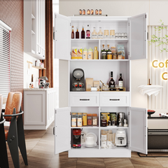 Homfa 71" Farmhouse Kitchen Pantry Storage Cabinets with 2 Drawers and Adjustable Shelves, Wood Tall Hutch Storage Cabinet for Dining Room, White