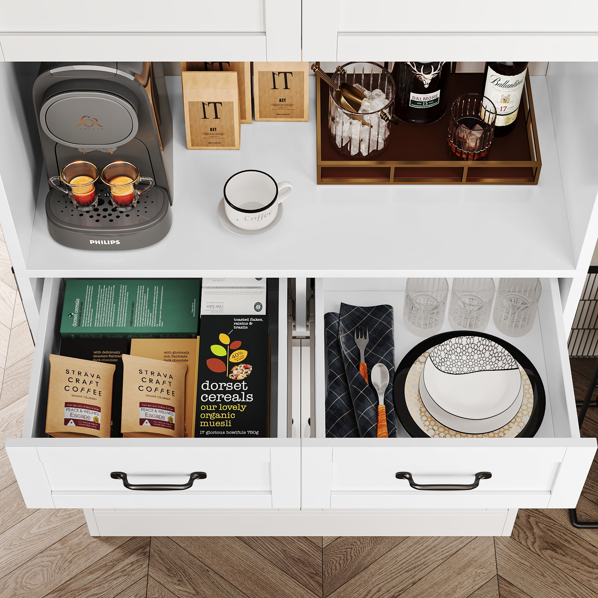 Homfa 71" Farmhouse Kitchen Pantry Storage Cabinets with 2 Drawers and Adjustable Shelves, Wood Tall Hutch Storage Cabinet for Dining Room, White