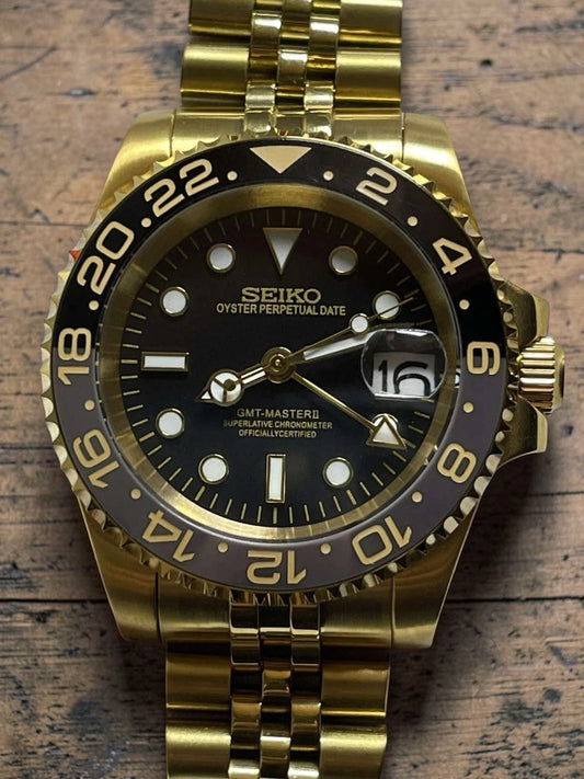 Custom Built – Gold GMT Automatic Watch – Black Dial – Japanese Movement