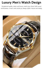 Luxury Men’s Quartz Watch Gold & Black Dial Brown Leather Strap Date Display