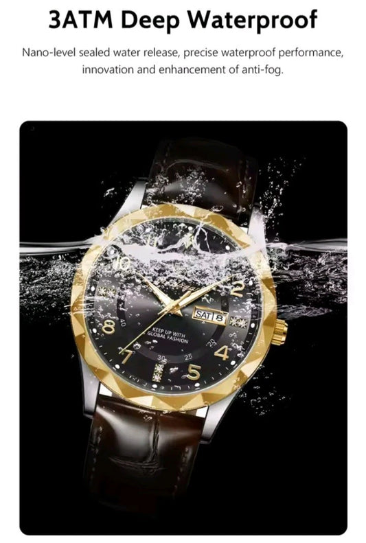 Luxury Men’s Quartz Watch Gold & Black Dial Brown Leather Strap Date Display